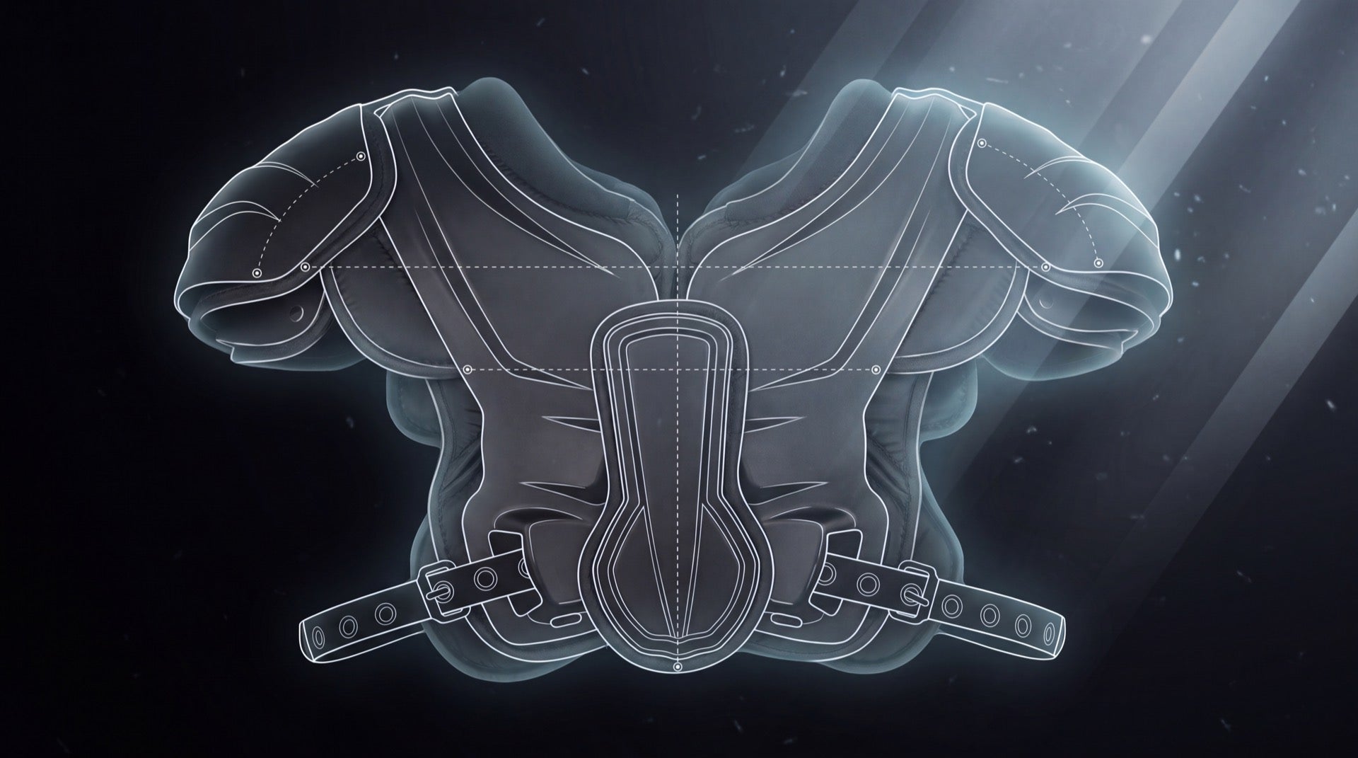 Football shoulder pads shown as a technical blueprint with measurement lines on a dark background, cover for the shoulder pad sizing guide