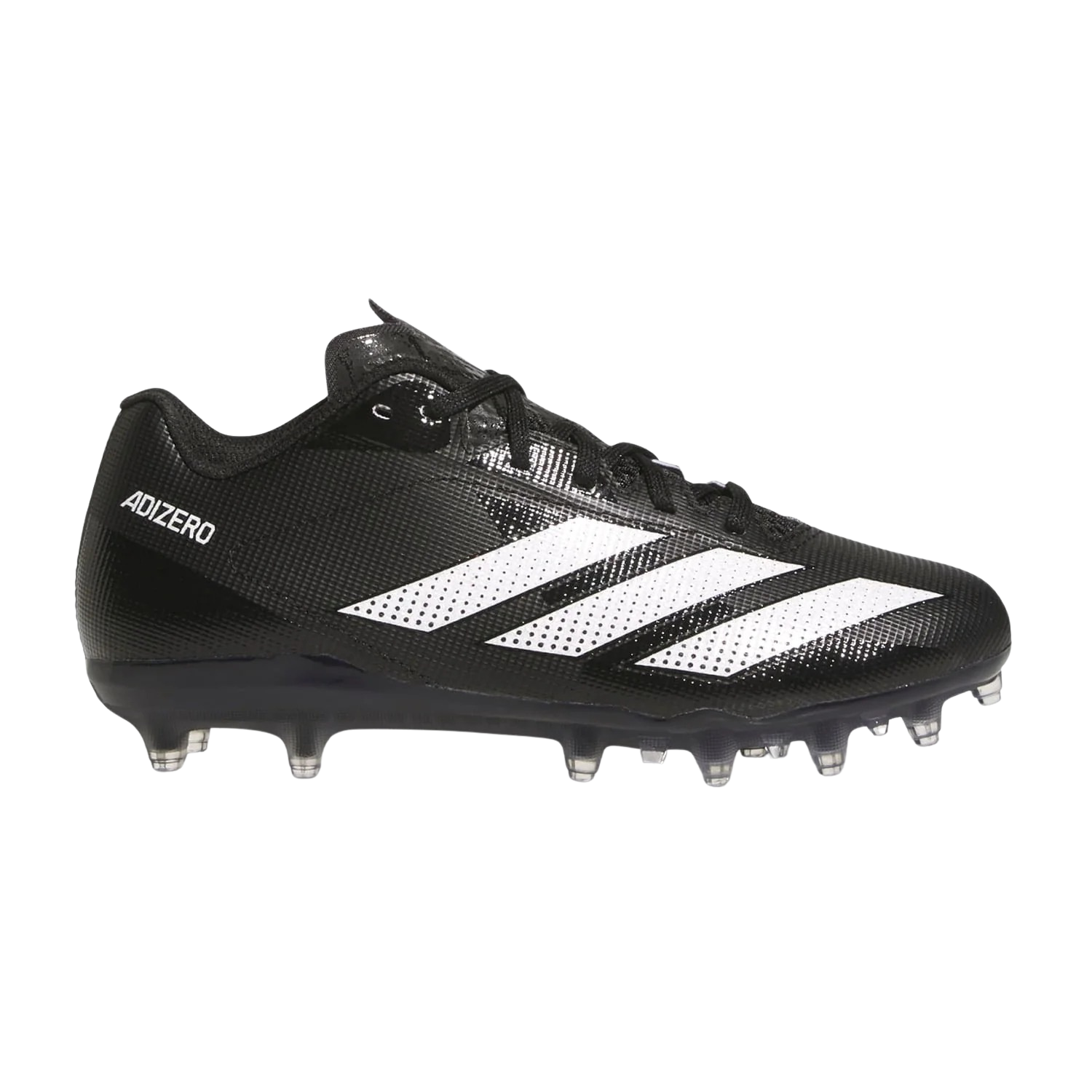 Adidas Adizero Electric 2 Youth football cleats in black with white three stripes, lateral view