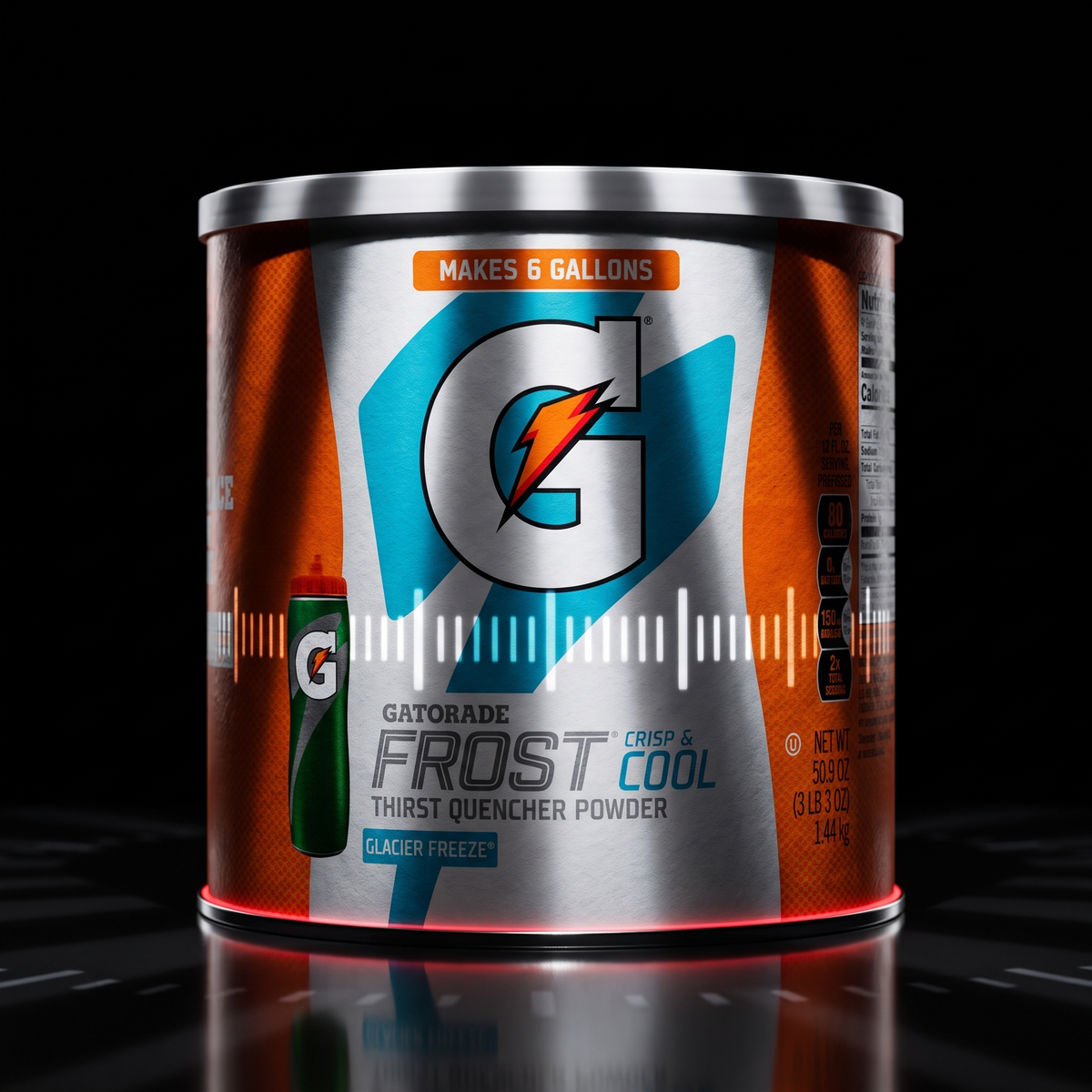 A canister of Gatorade Frost Cool Thirst Quencher Powder, made to make 6 gallons, shown on a reflective black surface against a black background.