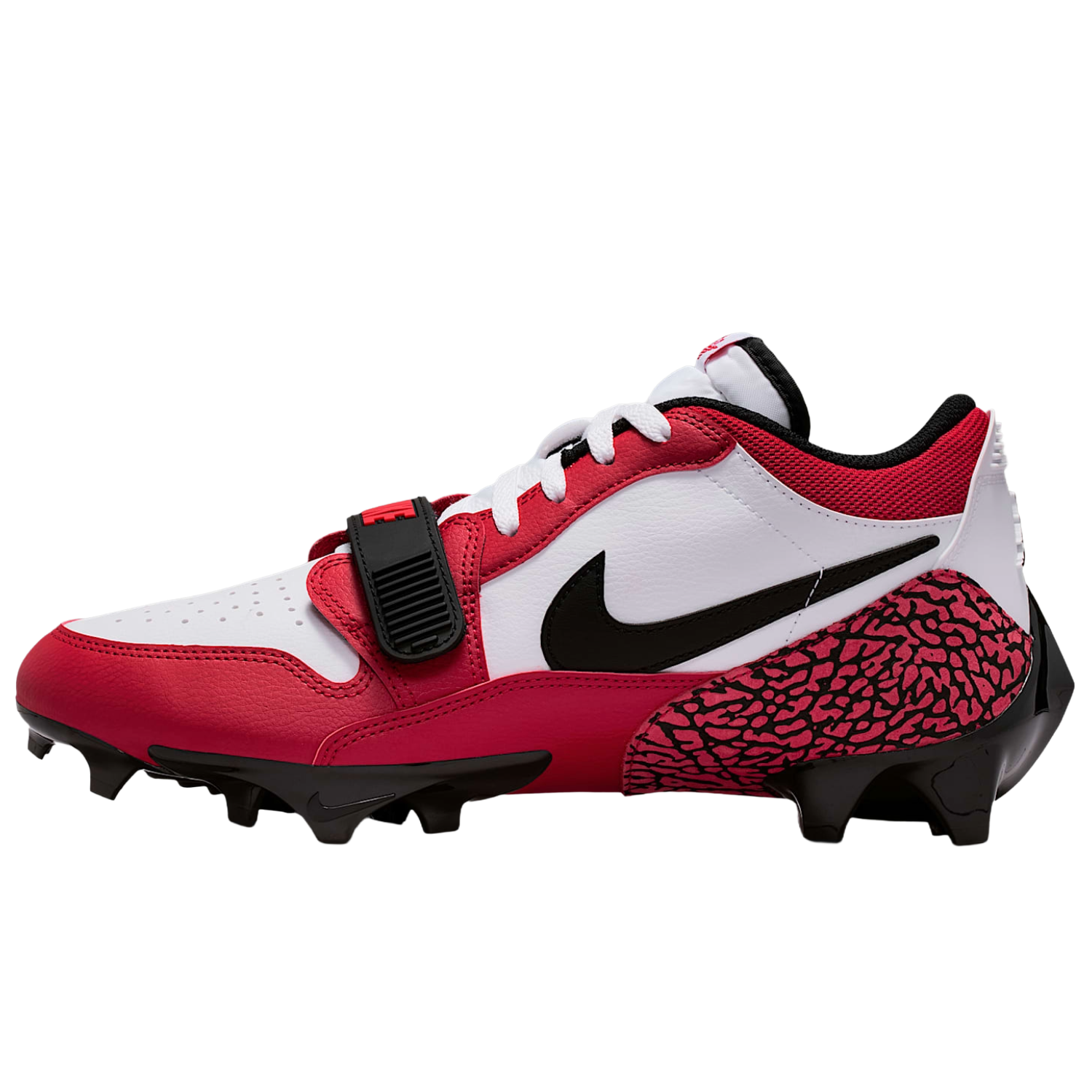 Jordan Legacy 312 Low TD football cleats in white and varsity red with elephant print, lateral view