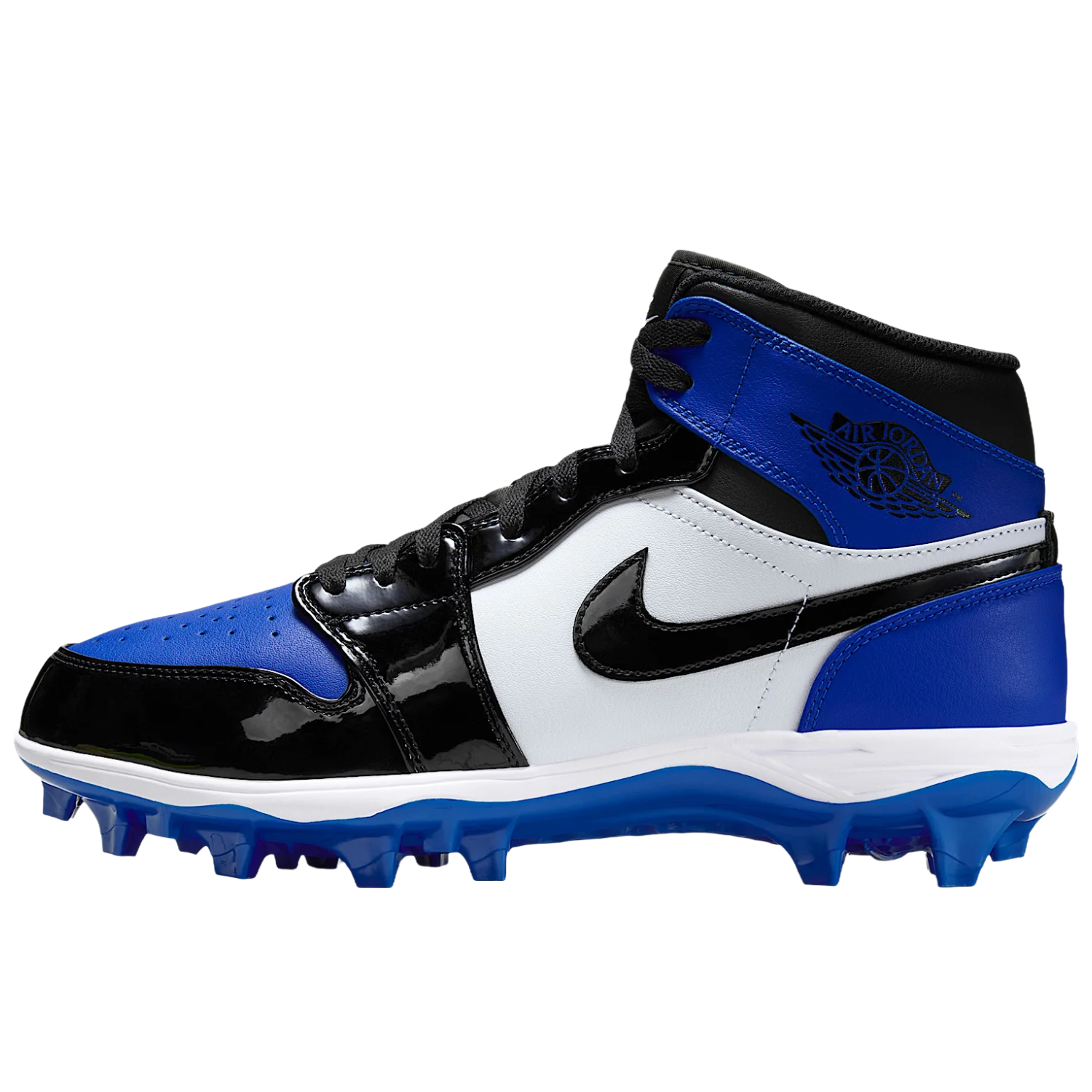 Jordan 1 Mid TD football cleats in white and royal blue with red accents, lateral side view