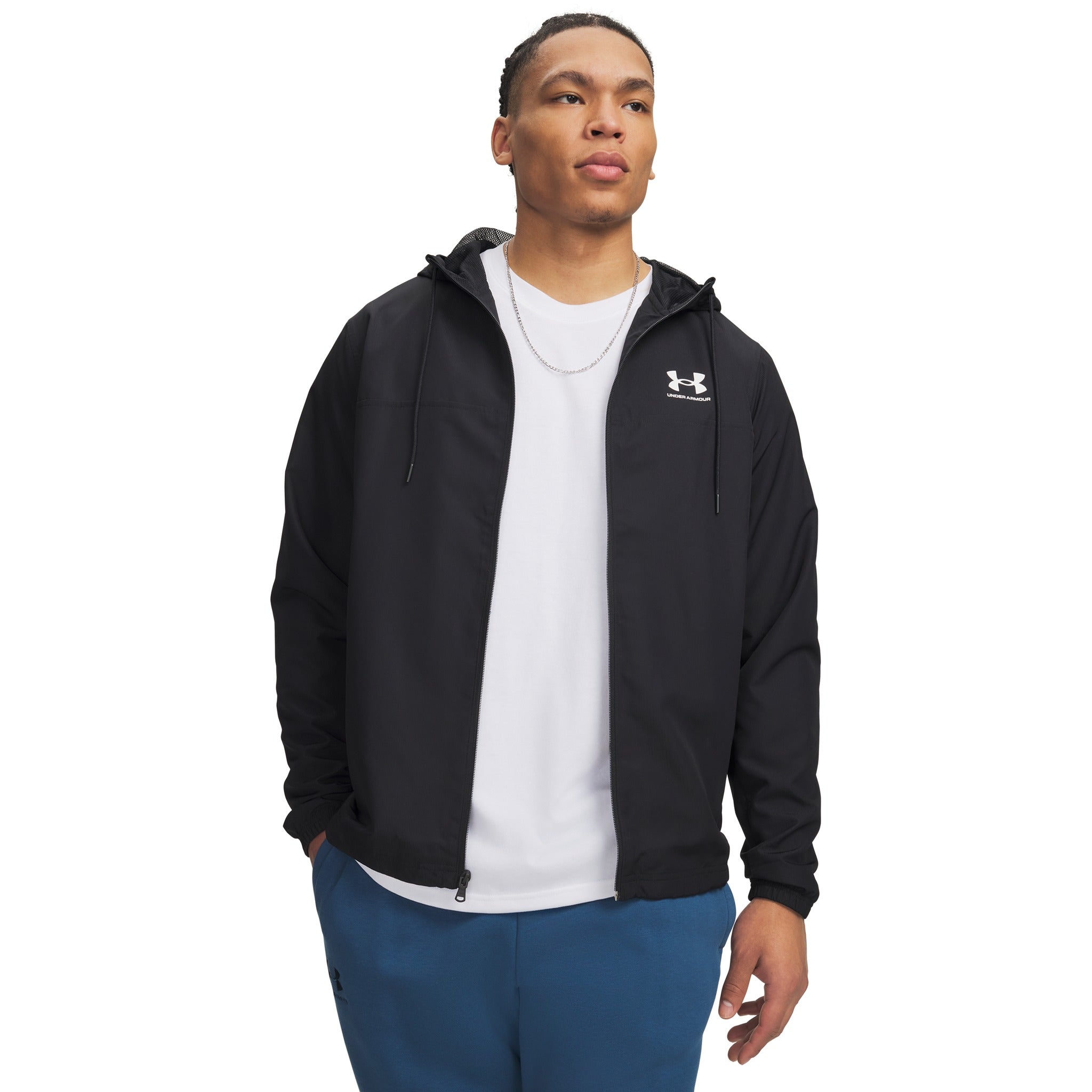 UA Rival Woven Men's Windbreaker - Black, on model