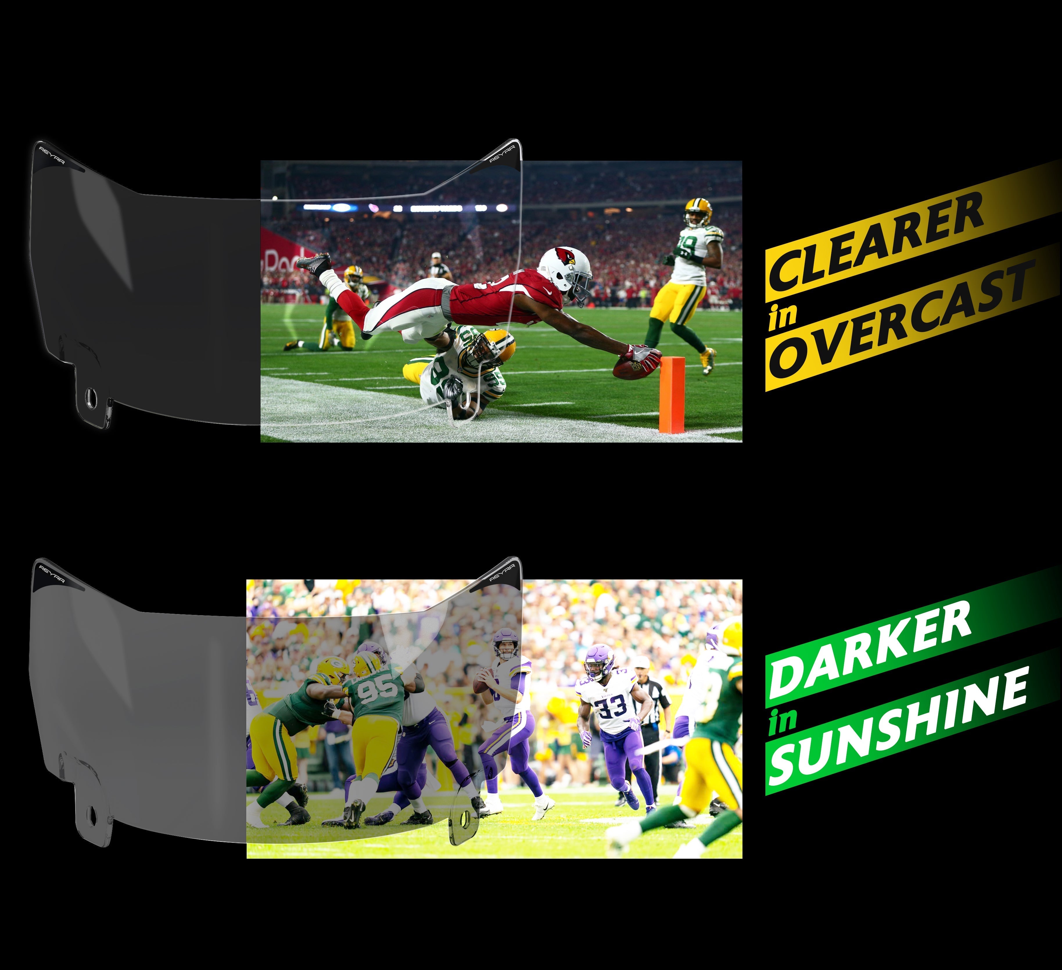 Reyrr VIZU Clear Photochromic football visor showing clear tint in overcast and darkened tint in sunshine conditions.