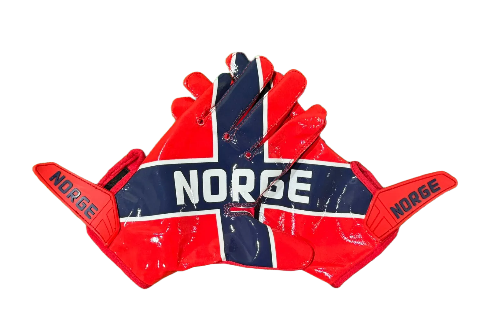 Reyrr ELITE Nordic Edition football gloves with Norway flag design and Vapor-Stick Grip Technology for superior catch performance and breathability.