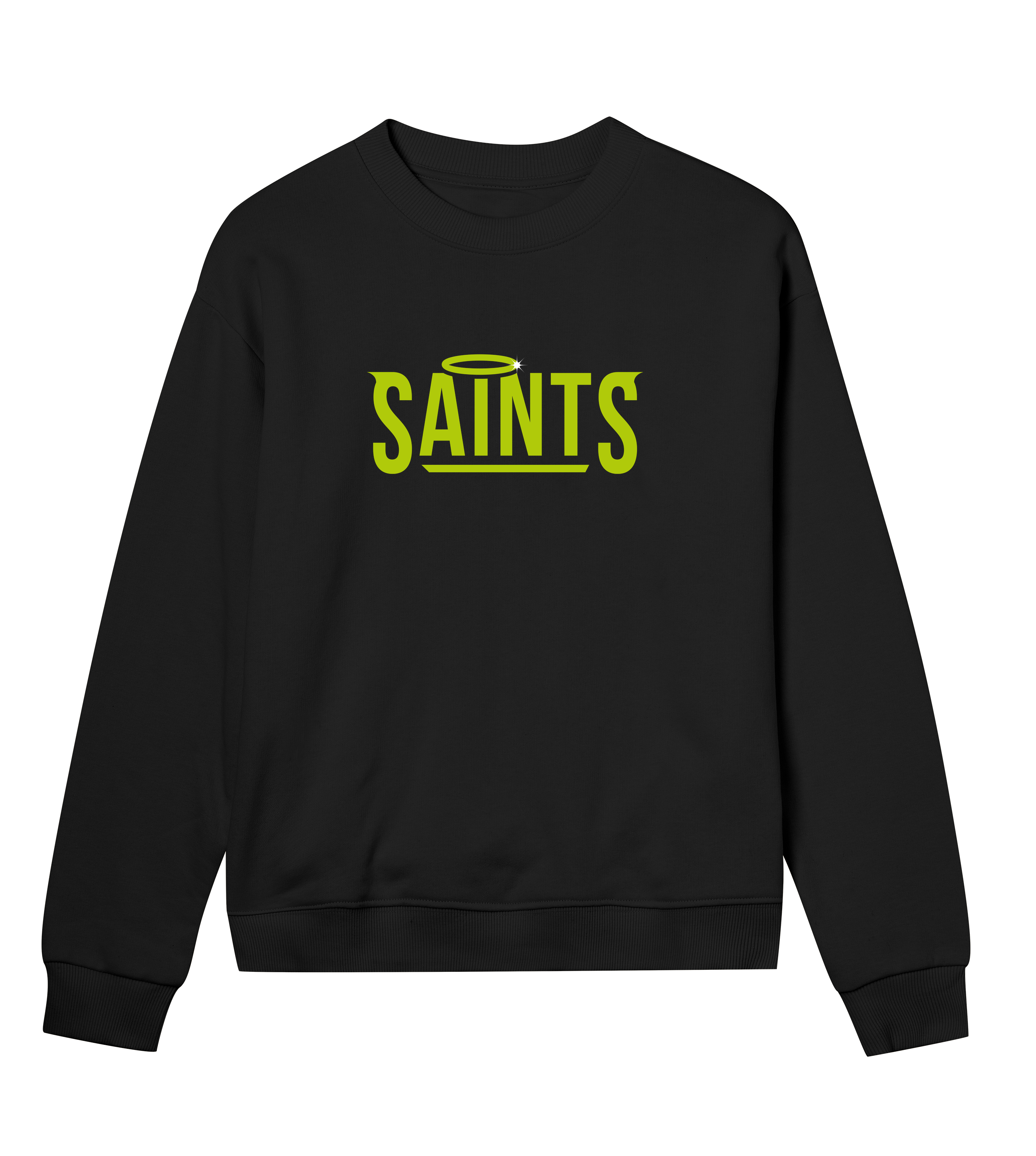 Nässjö Saints Women's Sweatshirt in black with lime green SAINTS logo, crewneck, ribbed cuffs and hem, made from organic cotton and recycled polyester blend.