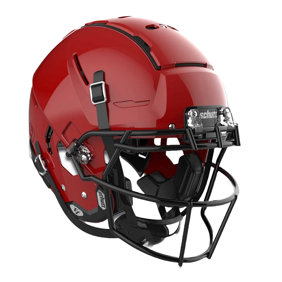 Schutt F7 VTD collegiate football helmet in red with black facemask and advanced protective padding system