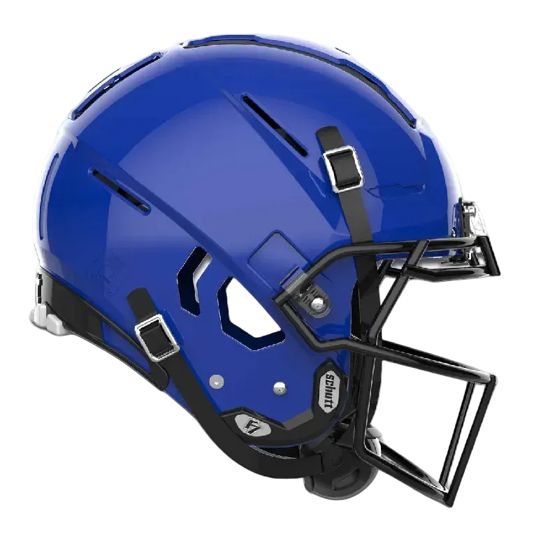 Blue Schutt F7 VTD football helmet with black facemask and adjustable chin strap featuring advanced padding and rotational energy protection system