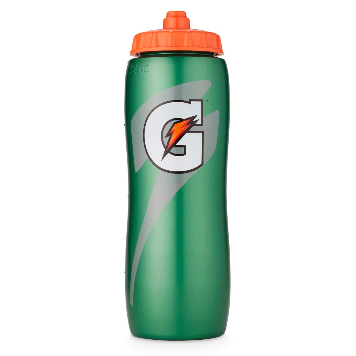 Gatorade Squeeze Sports Bottle 0,95 L, grön flaska med orange kork, framsida på vit bakgrund