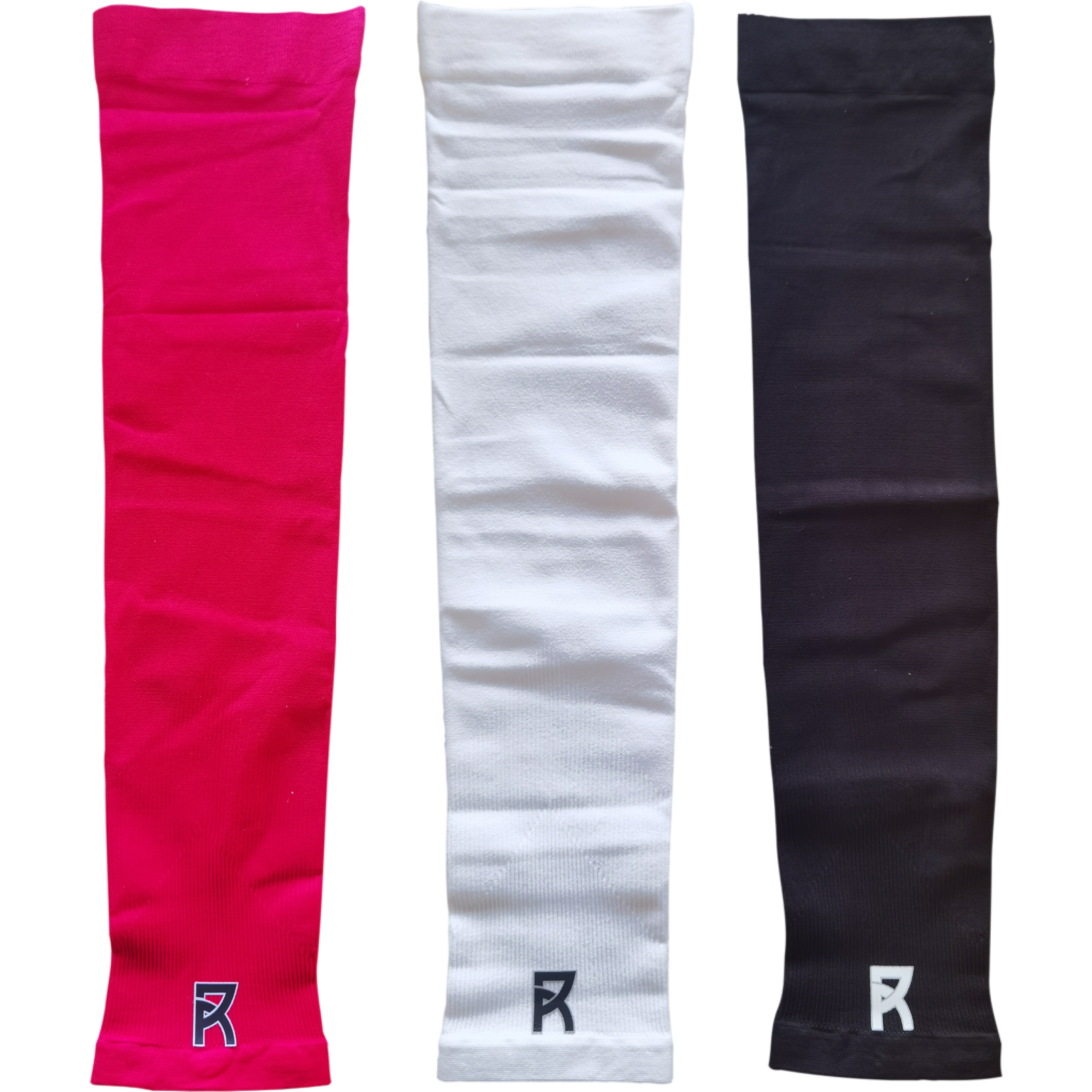 Reyrr Compression Arm Sleeves in pink, white, and black made of breathable, elastic, sweat-wicking fabric with UV protection sold in pairs.