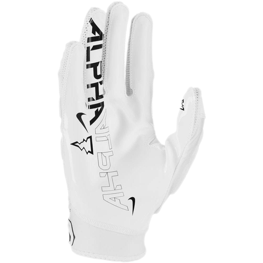 White Nike Superbad 6.0 football glove with black Alpha logo and Magnigrip palm technology.