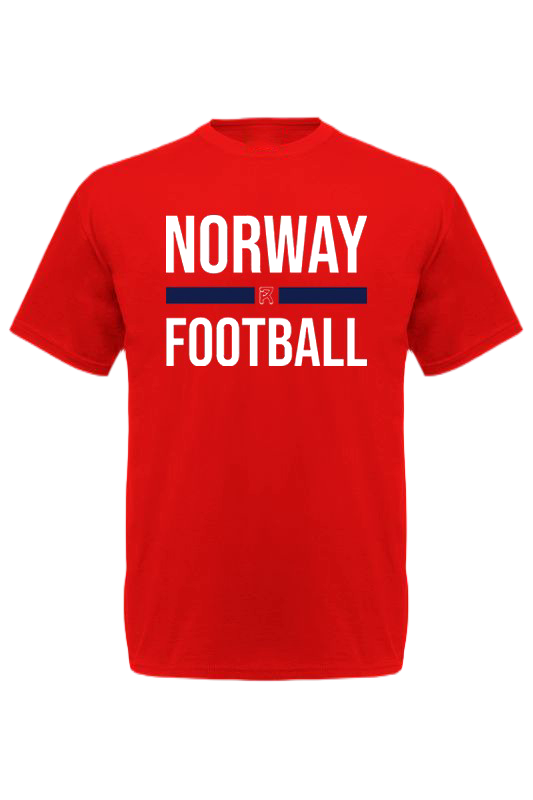 Red NORWAY FOOTBALL T-shirt with white text and navy stripe, 100% cotton, soft and comfortable.