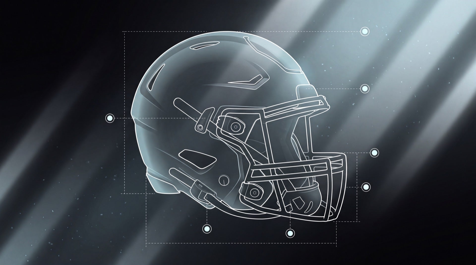 Football helmet shown as a technical blueprint with measurement lines on a dark background, cover for the youth football gear guide