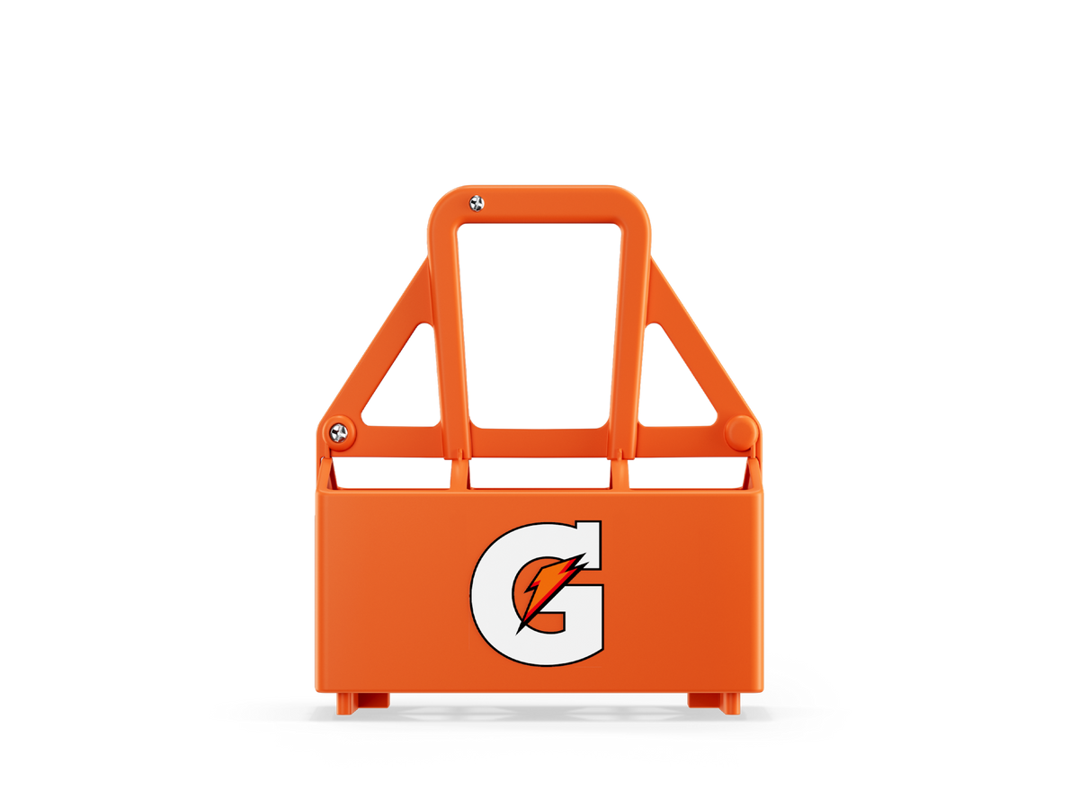 Orange Gatorade 6 bottle carrier with moulded handle, holding six squeeze bottles