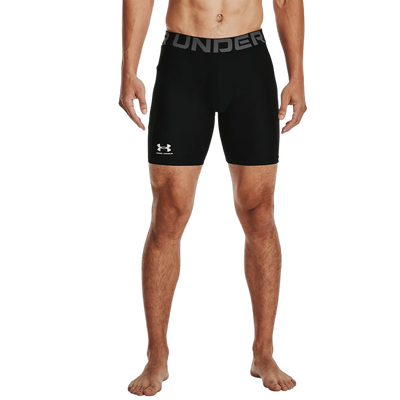 Under Armour HeatGear men's 6 inch compression shorts, style 1361596, on body fit