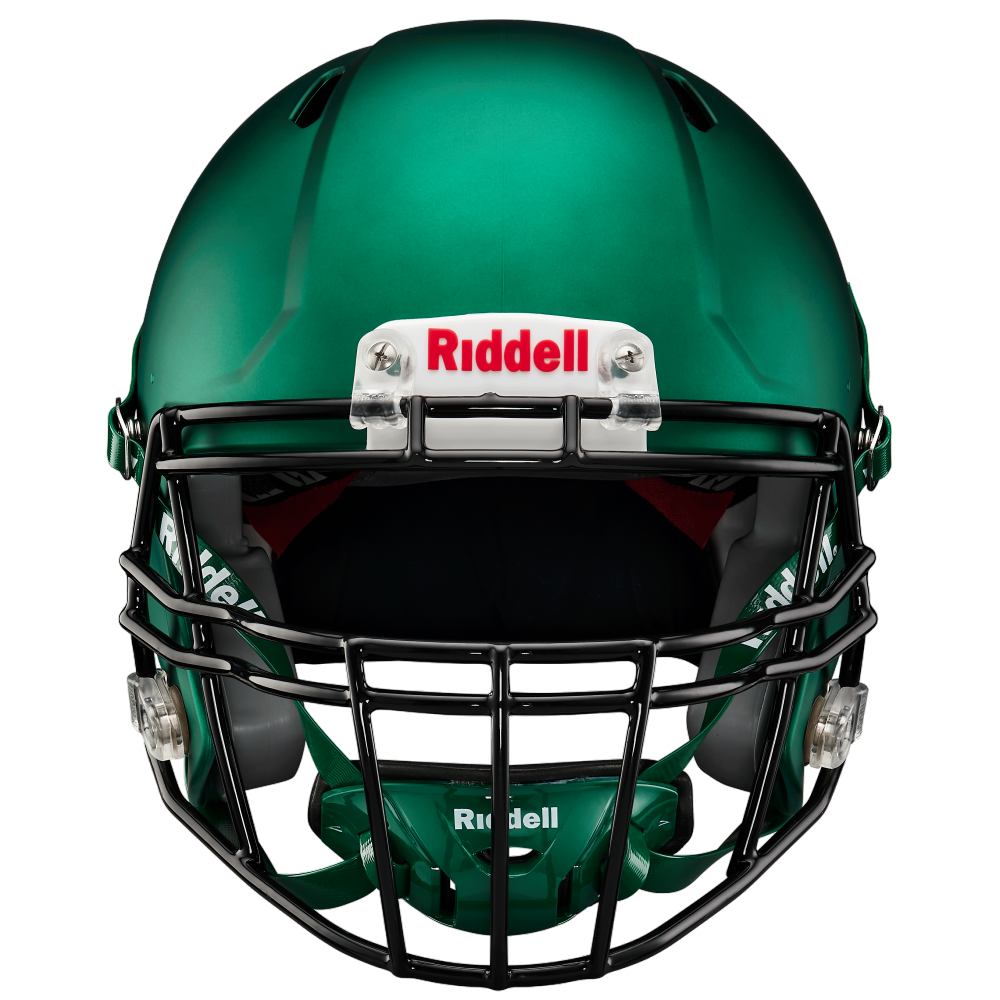 Green Riddell Speed Icon football helmet front view with black facemask and cushioned interior.