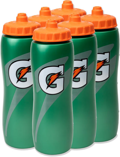 Gatorade squeeze sports bottles shown as a group of six