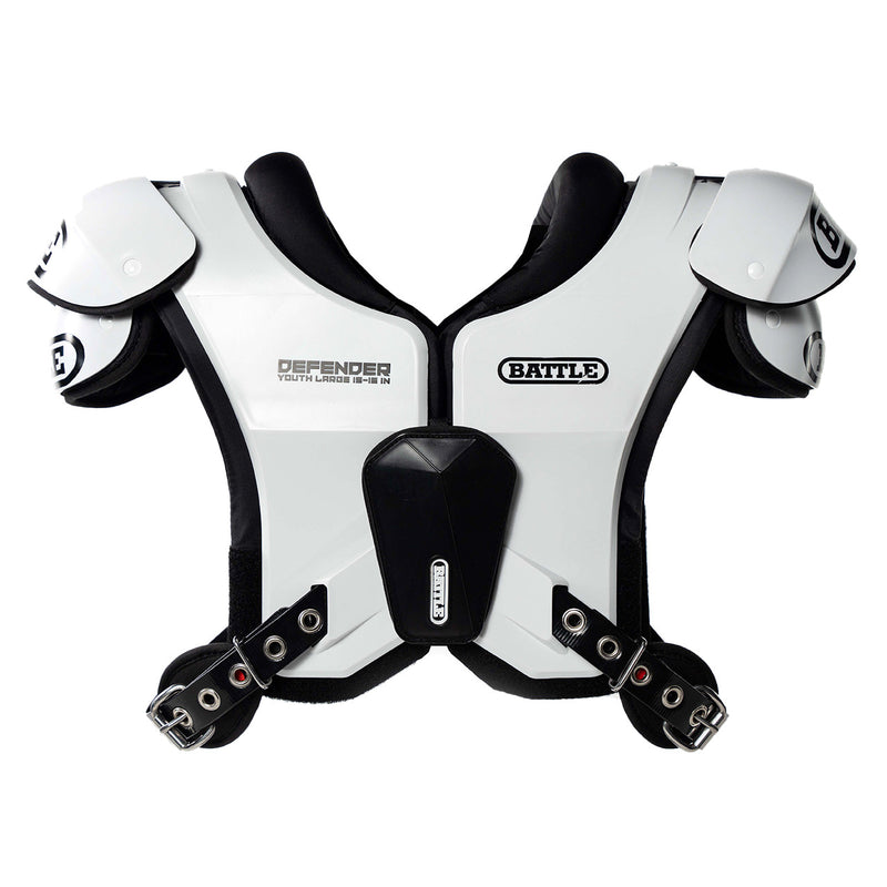 White and black shoulder pad with 'Battle' branding on a white background