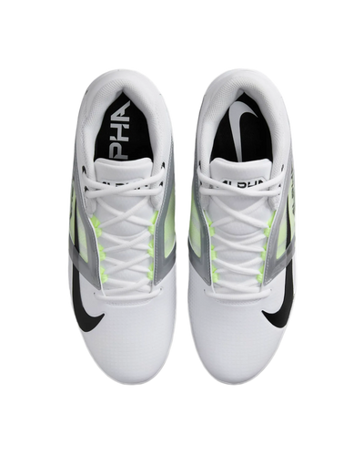 Top view of white Nike Alpha Menace 4 Pro cleats with black swoosh and green accents designed for durability and breathability.