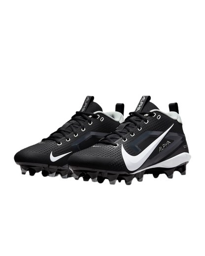 Nike Alpha Menace Varsity 4 black football cleats with white swoosh and aggressive traction studs