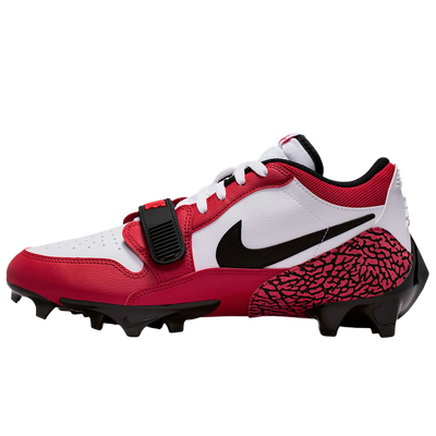 Jordan Legacy 312 Low TD football cleats in white and varsity red with elephant print, lateral view