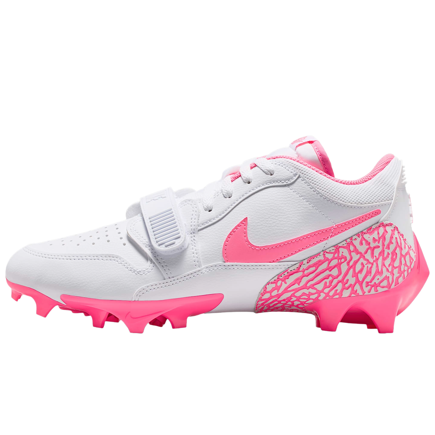 Jordan Legacy 312 Low TD cleats in white and pink with elephant print, lateral view