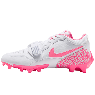 Jordan Legacy 312 Low TD cleats in white and pink with elephant print, lateral view