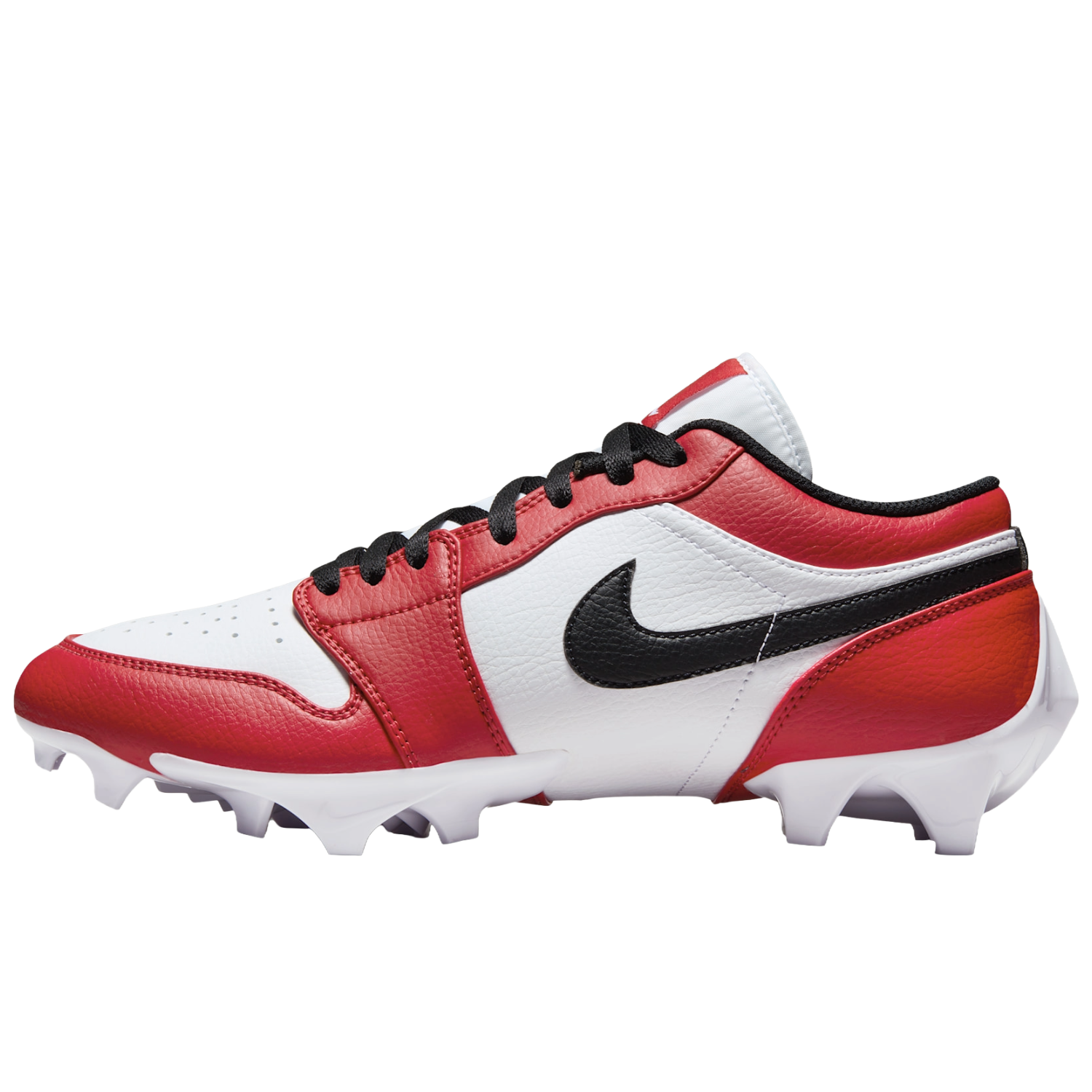 Jordan 1 Low TD football cleats in white, red and black, lateral side view