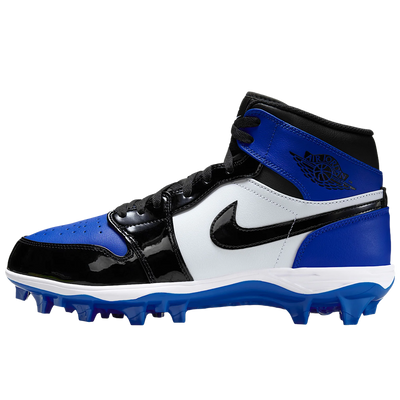Jordan 1 Mid TD football cleats in white and royal blue with red accents, lateral side view
