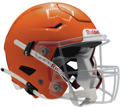 Orange Riddell SpeedFlex football helmet with white facemask and red Riddell logo on a transparent background.