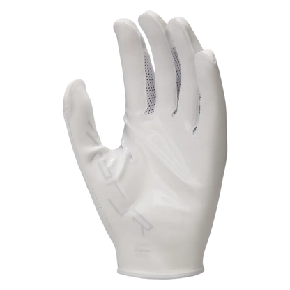 White Nike Vapor Jet 8.0 football glove with Magnigrip+ palms and breathable perforated fingers for enhanced grip and cooling.