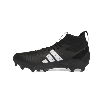 Black Adidas Adizero Impact Mid American football cleat with white stripes and synthetic cleated outsole.