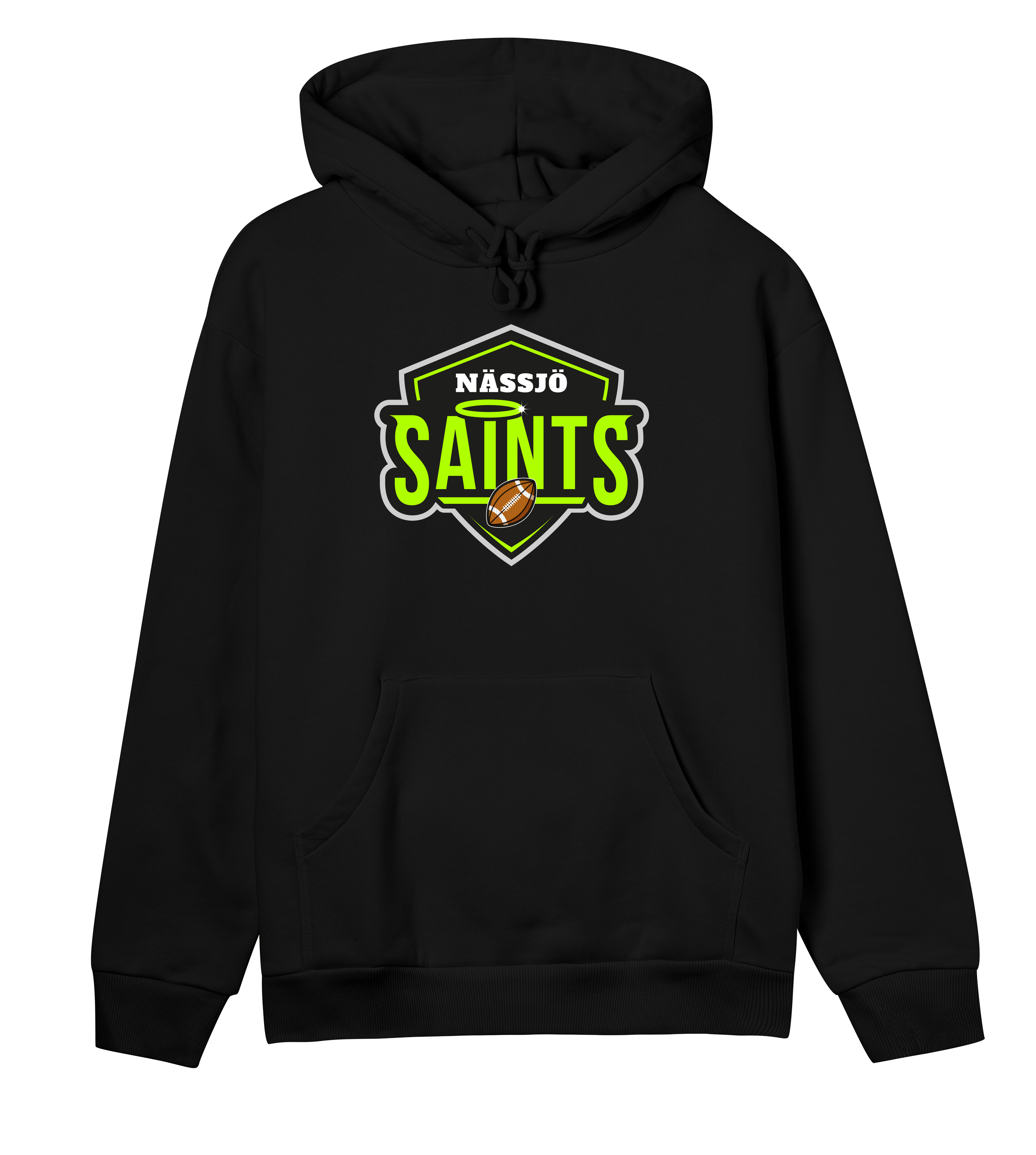 Black Nässjö Saints Women's Hoodie with green and white logo and front kangaroo pocket