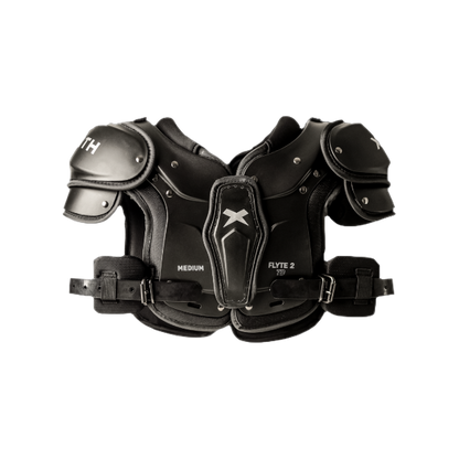 Xenith Flyte 2 youth football shoulder pads in black with low-profile design and premium impact foam for optimal protection and flexibility.