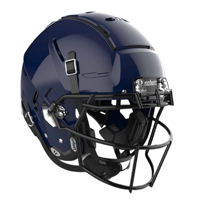 Schutt F7 VTD Collegiate football helmet in navy blue with black faceguard and advanced protective padding system.