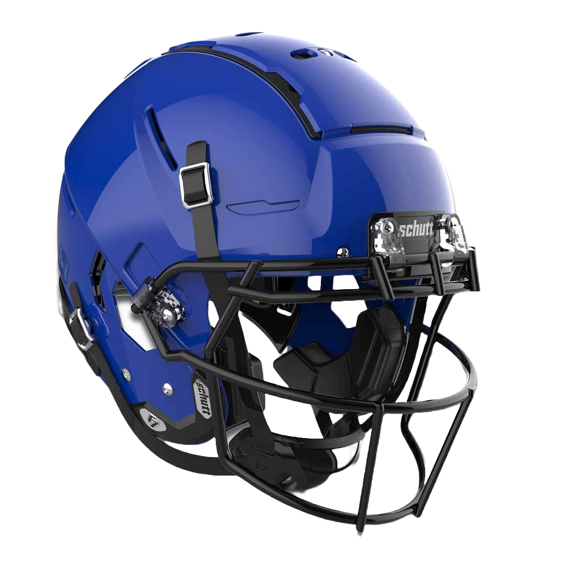 Blue Schutt F7 VTD collegiate football helmet with black facemask and advanced protective padding system