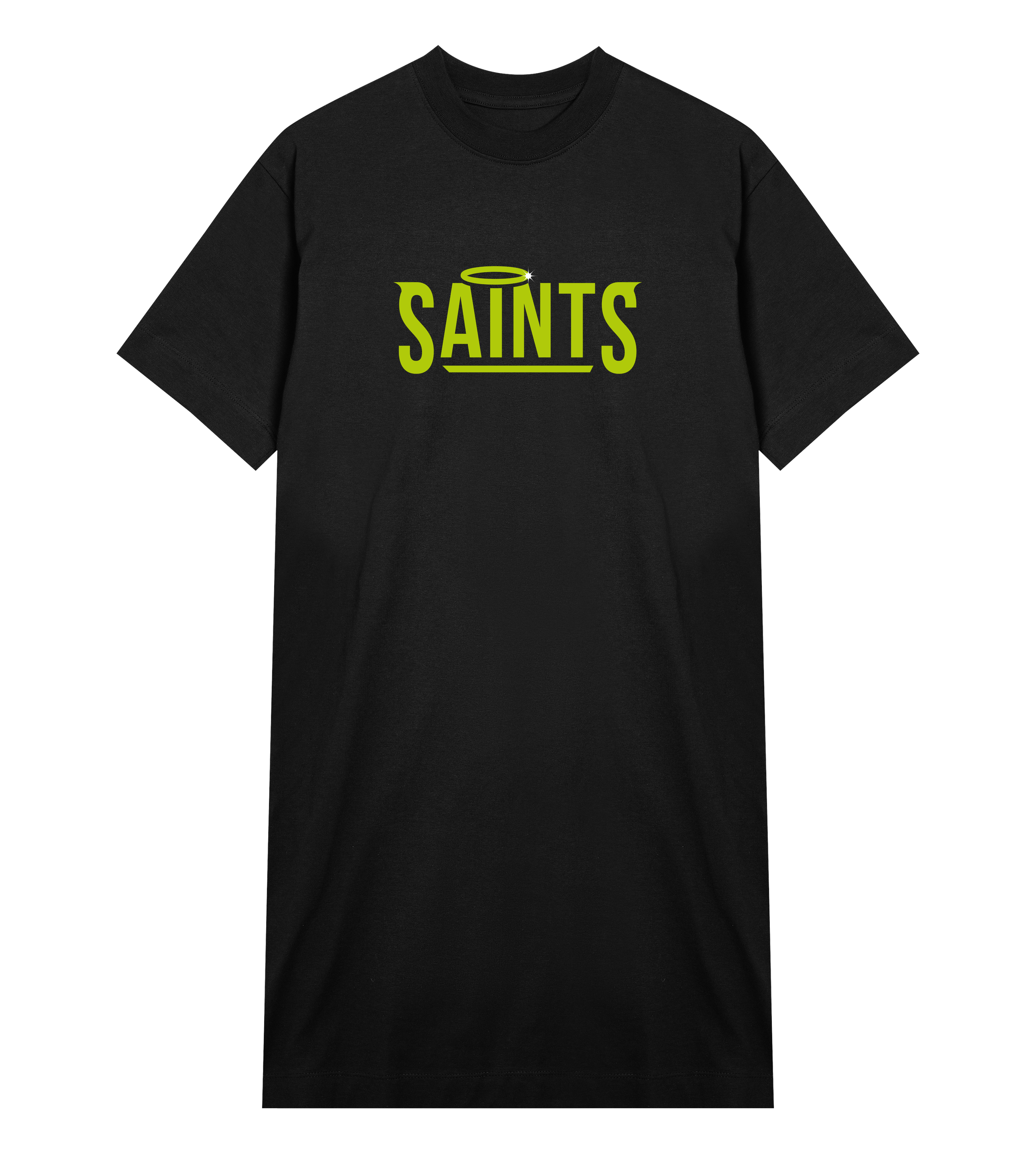 Nässjö Saints Women's Tee Dress in black cotton with relaxed fit and neon yellow Saints logo