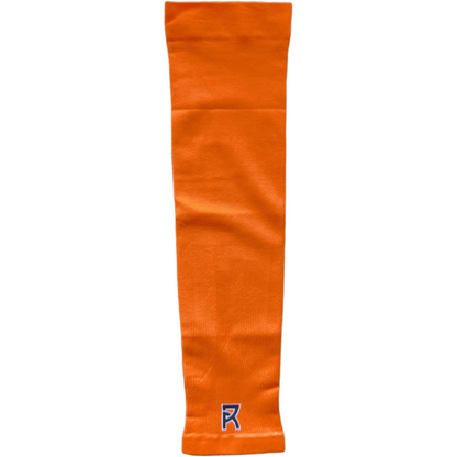 Orange Reyrr compression arm sleeve made of breathable, elastic fabric with cooling and sweat-wicking features.