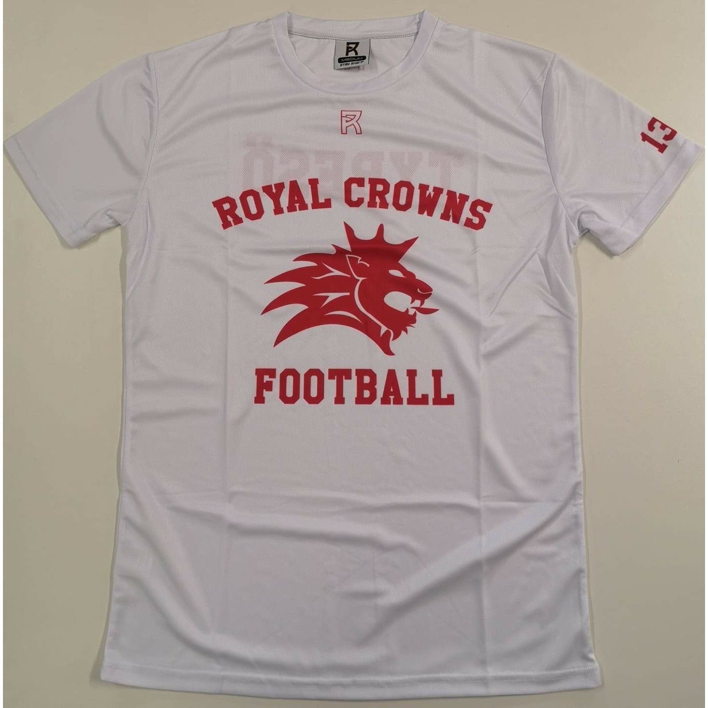 White TRC Player's T-shirt with red Royal Crowns Football logo and number 13 on sleeve