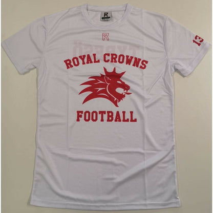 White TRC Player's T-shirt with red Royal Crowns Football logo and number 13 on sleeve