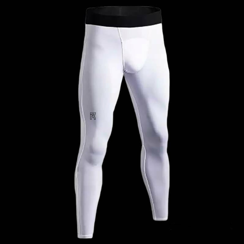 White Reyrr Flex Dri-fit leggings with black waistband, tight fit, moisture-wicking and breathable athletic wear.